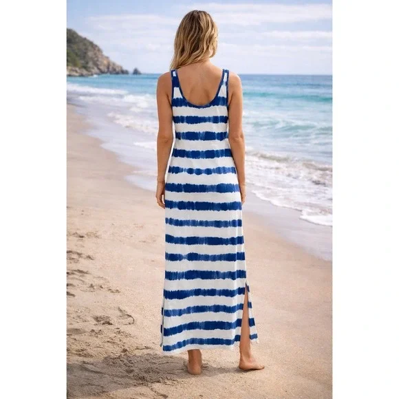 Lauren Ralph Lauren Tie Dye Striped Maxi Tank Dress Womens  M Beach Coastal NWT - Picture 2 of 5